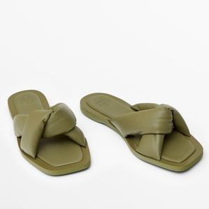 Massimo Dutti Zara Khaki Leather Flat Sandals US 7.5